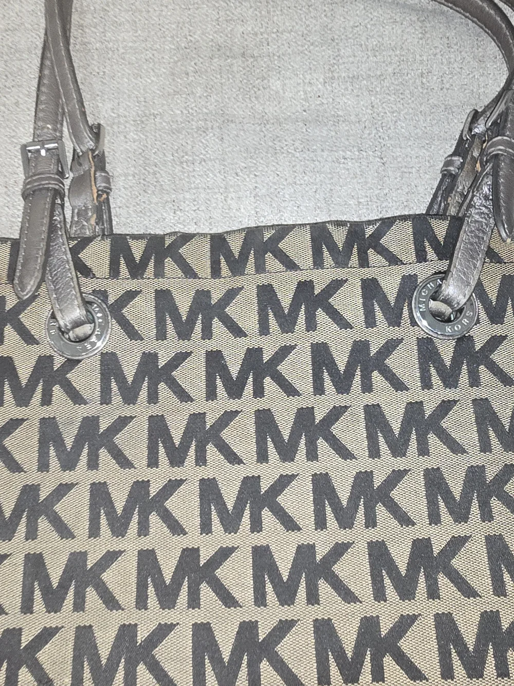 Michael Kors Tan Canvas MK Logo Tote with Black Print Used Large Travel